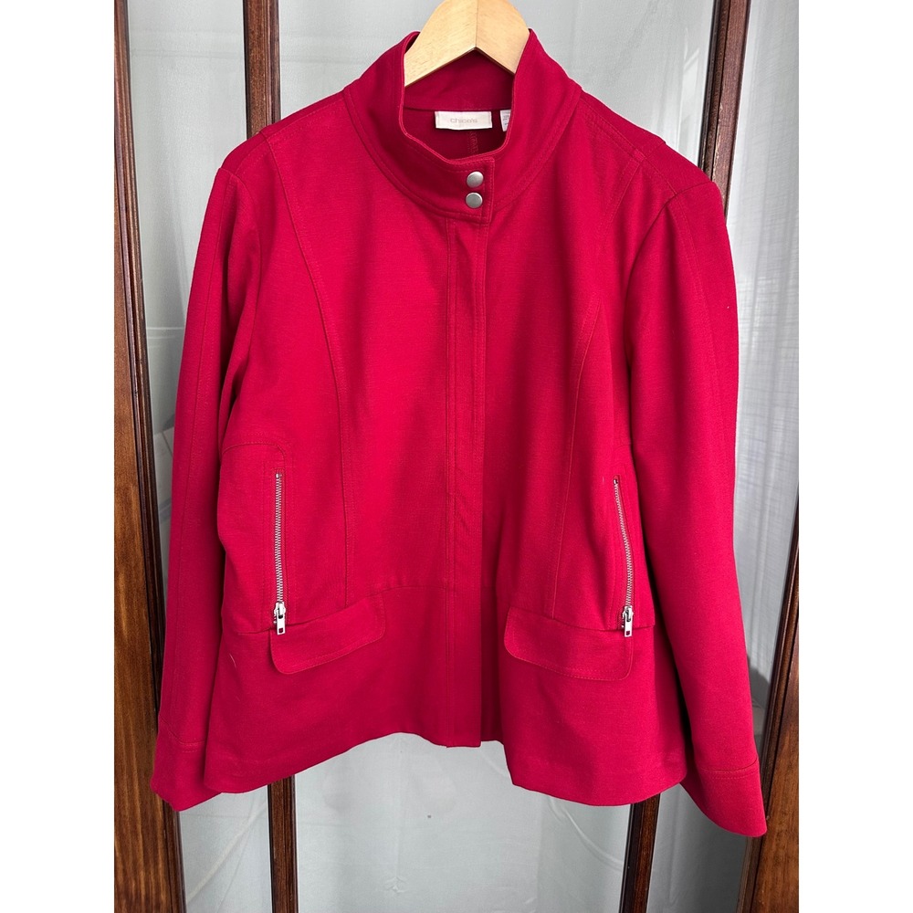 Chicos Red Ponte Knit Zip Front Mock Neck Jacket Size 3 XL Preppy Travel Fall